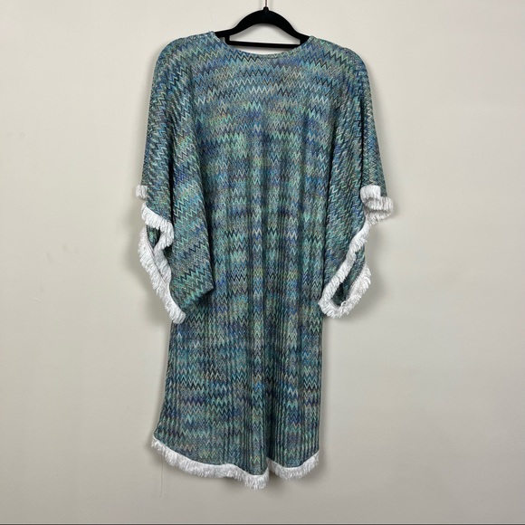ALEXIS PONCHO COVER UP IN BLUE AND GREEN WITH WHITE FRINGE TRIM SIZE XS/S - Picture 11 of 13